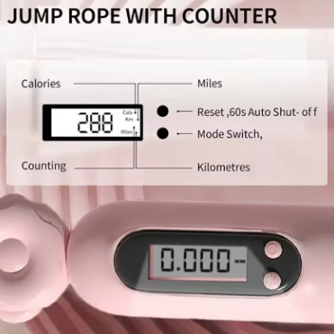 Digital jump rope with counter displaying calories and miles on a pink background