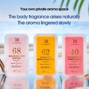 Three scented candles with numbers and names on a reflective surface with a light blue gradient background.