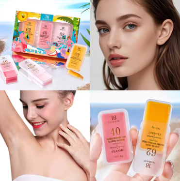 Collage of skincare products and a person with a close-up of skin.