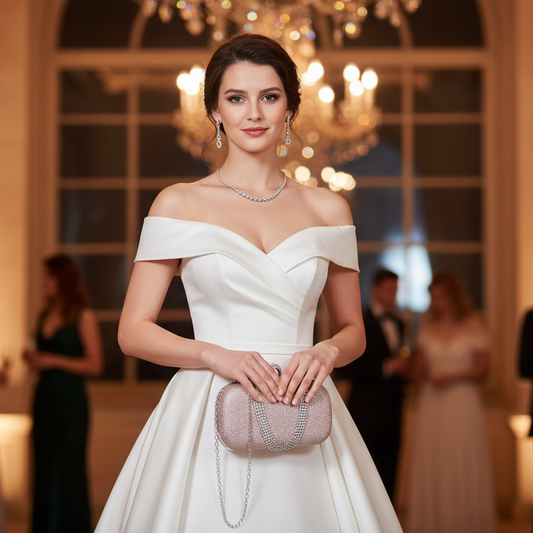 European woman in pearl white evening gown holding sparkle rose gold clutch bag