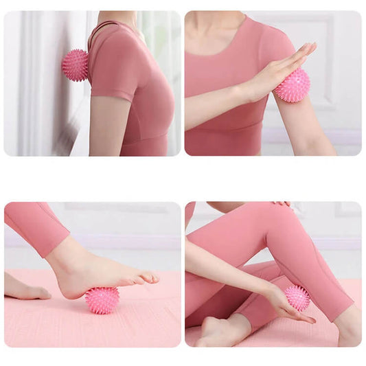 Person using pink massage balls on different parts of their body against a white background