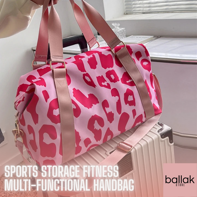 Pink leopard print handbag with pink straps on a white surface, labeled 'ballak'.