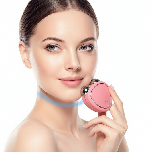 Woman holding a pink electronic device against a white background