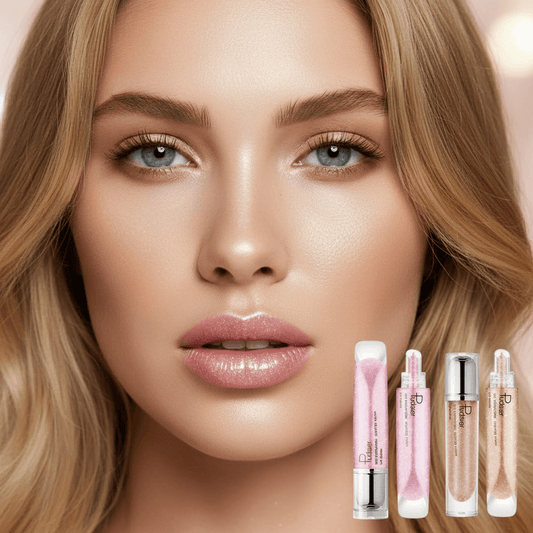 Woman with blonde hair and blue eyes, with skincare products displayed below.