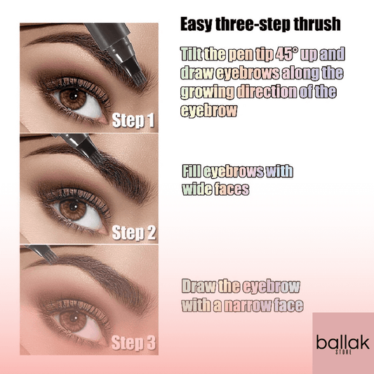 Step-by-step guide on how to use an eyebrow pencil with close-up shots of an eye and eyebrow, and text instructions.