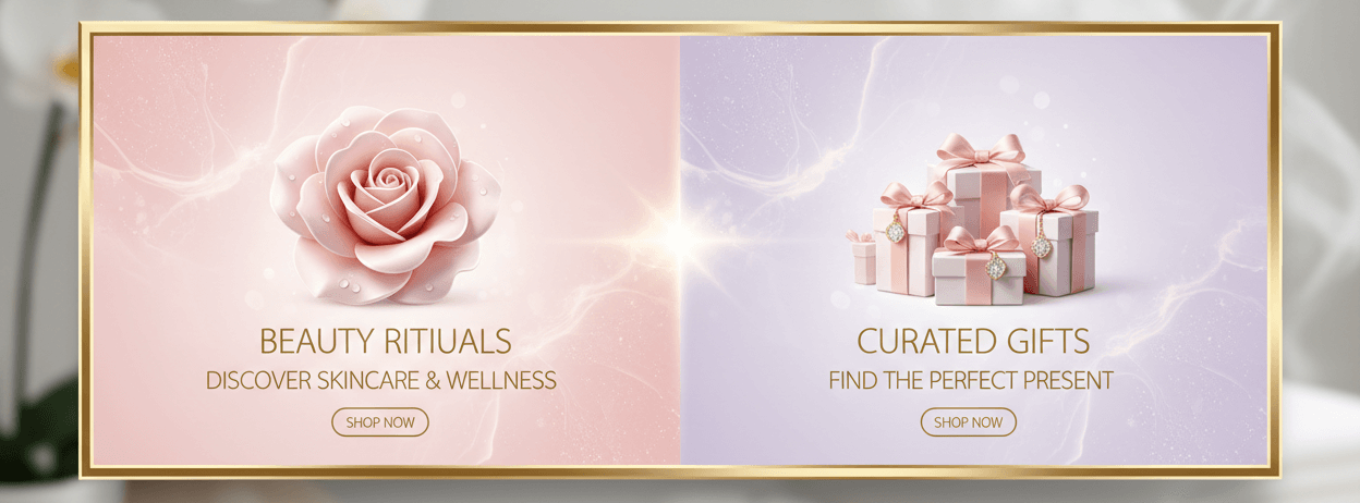 Promotional banner for beauty rituals and curated gifts with a pink rose and gift boxes on a soft background.