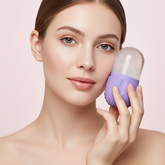 Woman holding a purple and clear skincare device against a pink background