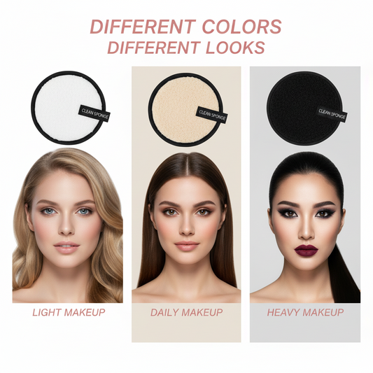 Three women with different makeup looks corresponding to 'Light Makeup', 'Daily Makeup', and 'Heavy Makeup' with Clean Sponge applicators.