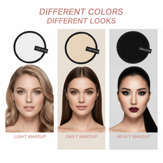 Three women with different makeup looks using three colored sponges labeled 'Light Makeup', 'Daily Makeup', and 'Heavy Makeup'.