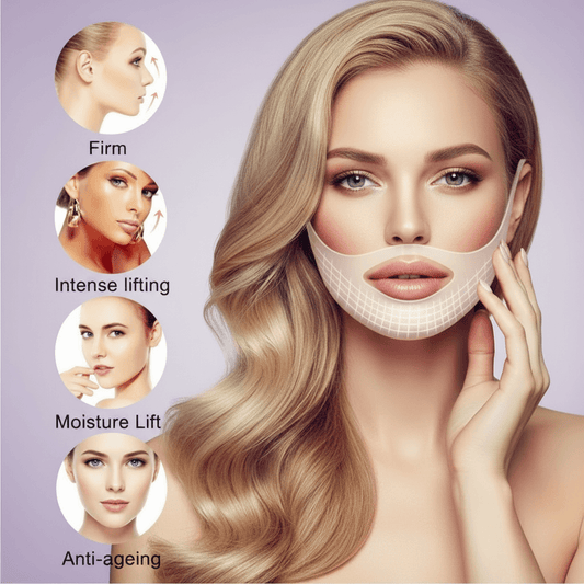 Woman wearing a face mask with anti-aging benefits on a light purple background