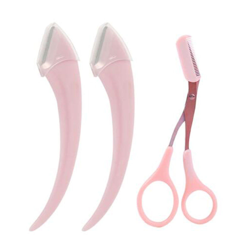 A pink eyebrow trimmer and scissors set designed for shaping eyebrows, displayed alongside its packaging.